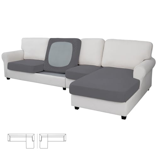 Image of Easy-Going Stretch 4 Pieces Couch Cushion Covers for Sectional Sofa L Shape | 3 Seater + 1 Chaise Lounge Left /Right L Sofa Seat slipcover Anti-Slip Sofa Cover Soft Grey