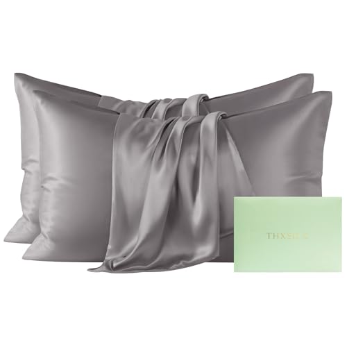 Image of THXSILK Mulberry Silk Pillowcase King Size, Set of 2 Pillowcases, Pillow Cover with Hidden Zipper, Soft Smooth Cooling Pillowcases for Hair and Skin, Gift for Women Men, Grey