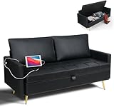 LINLUX 60' W Black Leather Couch with Storage, Small Loveseat Sofa for Living Room, Bedroom, Office and Dorm, Comfy 2 Seat Couch for Small Spaces, Modern Upholstered Loveseat with 2 USB Charging Ports