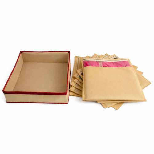 Image of Multipurpose Designer Bow Saree Cover with Travel Pouch, Pack of 10, Transparent Clothes Storage Bag for Saree, Suit, Lehenga & Ethnic Wear, Beige