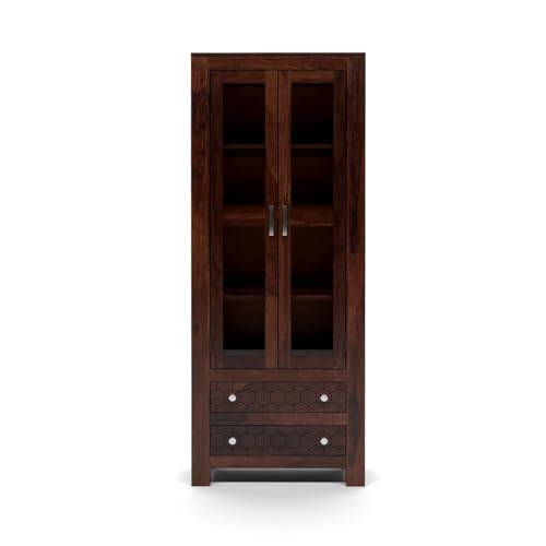 Image of Sheesham Wood Bookcases with 4 Shelves 2 Drawer - Wooden Kitchen Crockery Cabinet for Dining Room Kitchen with Glass Door Book Shelf Wooden Rack for Living Room (James Walnut)