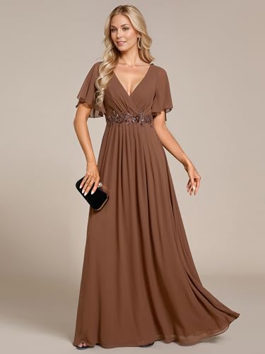 Image of Ever-Pretty Women's Spring Short Sleeve Bridesmaid Dresses V-Neck Chiffon Ruched Empire Waist Appliques Long Formal Dress