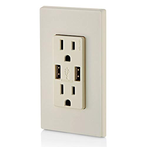 Image of Leviton T5632-T Type-A USB in-Wall Charger with 15A Tamper-Resistant Outlet, USB Charger for Smartphones, Light Almond