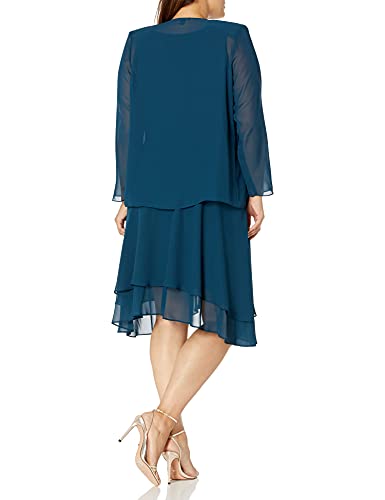 S.L. Fashions Women's Plus Size Embellished Tiered Mother of The Bride Gown with Jacket, Wedding Guest, Formal Event Dress, Mid Teal, 18W2
