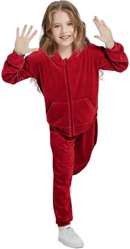 Woolicity Girls Sweatsuits Set Velour Tracksuit 2 Piece Outfits Zip Up Hoodies and Pants Sportswear Jogging Set