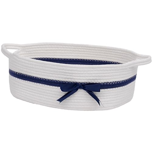 CHICVITA Small Woven Rope Gift Basket, Decorative Shelf Basket, White Blue