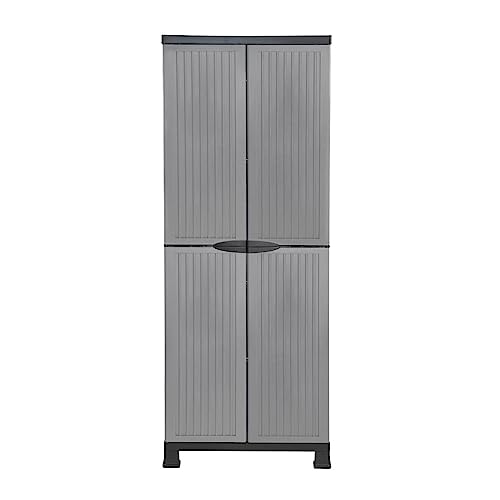 THINIA HOME - Armario de Resina Alto Almacenaje Escobero, Exterior e Interior, Jardín y Terraza, 4 Baldas, 2 Puertas, 60kg Carga Máxima, Dimensiones 39x68x171cm (Largo x Ancho x Alto), Gris o Negro - imagen 4