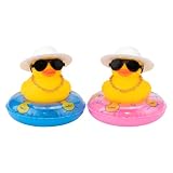 2 Stück Badeente Auto Deko, Lustige Gummiente Armaturenbrett Dekoration mit Strohhut, Schwimmring, Sonnenbrille und Goldkette, Quietscheente Auto Zubehör Set