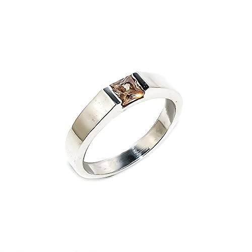 Golden Topaz Gemstone Rings For Woman Solitaire Stacking Statement Band For Girls Designer Baguette Ring 4X4 Mm 925 Sterling Silver (Silver, 8.5) #TOP15