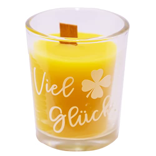 Bienenwachskerze im Glas mit Holzdocht "Viel Glück" Cover