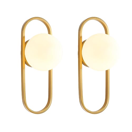 Image of Wall Sconces Set of Two Brushed Gold Wall Lamp Sconces Wall Lighting with White Globe Glass Shade Wall Lights Sconces Wall Decor Set of 2 Wall Lights for Living Room for Bedrooms Set of 2 ETL Listed