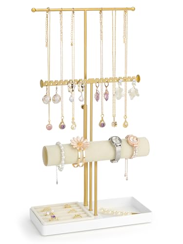 Huquter Porte Bijoux Femme Étagère à Bijoux 3 Niveaux Porte Collier Rotative Rangement En Métal avec Plateau Velours pour Bagues