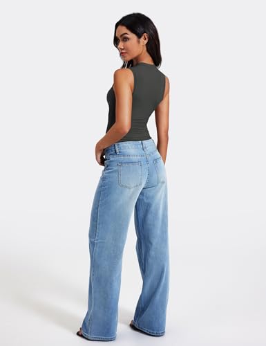 Image of YEOREO Women Basic Mock Neck Workout Crop Top Sleeveless Double Lined Tank Tee Slim Fitted Ruched Going Out Camisole
