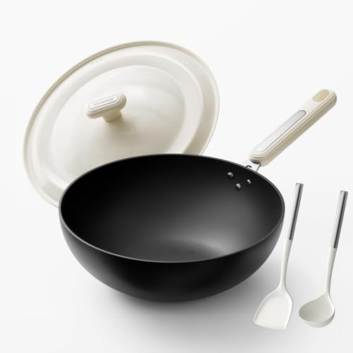 Carbon Steel Wok Pan - 11.8 Inch Pre-Seasoned Flat Bottom Chinese Woks & Stir Fry Pans with Lid Lightweight Kitchen Cookware for All Stovetops Gas Electric Gift for Women/Mom with Spatula Spoon