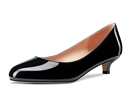 Aachcol Damen Runde Zehenkappe Pumps Kitten Niedrige Absatz Heel Slip-on Dress Schuhe Büroschuhe Schwarz Lackleder 3.5 cm 40 EU Cover