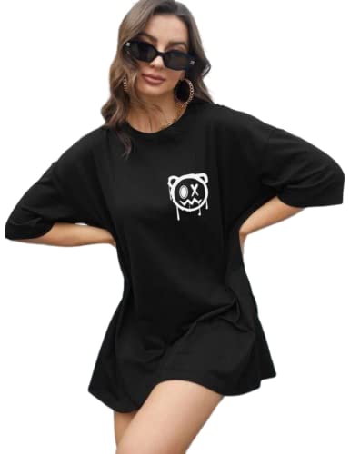 Image of MyTees Pure Cotton Oversized T Shirts for Women Casual Printed Baggy Oversized Round Neck Drop Shoulder Tshirt Black T-Shirt Size S to XL