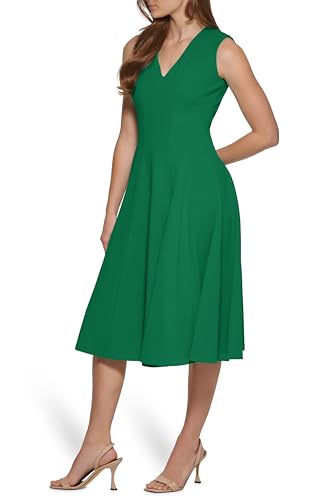 Image of Calvin Klein Womens Sleeveless V-Neck Crepe Knee Length Fit & Flare Dress