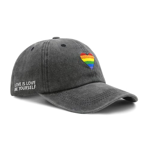 Image of LGBT Pride Baseball Hat, Embroidered Rainbow Heart Hat, Adjustable Gay Lesbian Love Cap for Men Women
