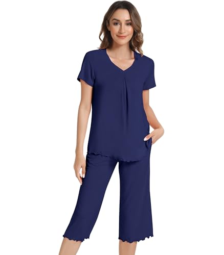 Image of NACHILA Women's Pajama Sets Cooling Bamboo Viscose V-Neck Top & Capri Pants | Lightweight, Breathable, Moisture-Wicking, Buttery Soft, Ideal for Hot Sleepers, Night Sweats and Hot Flashes, Sleep & Lounge