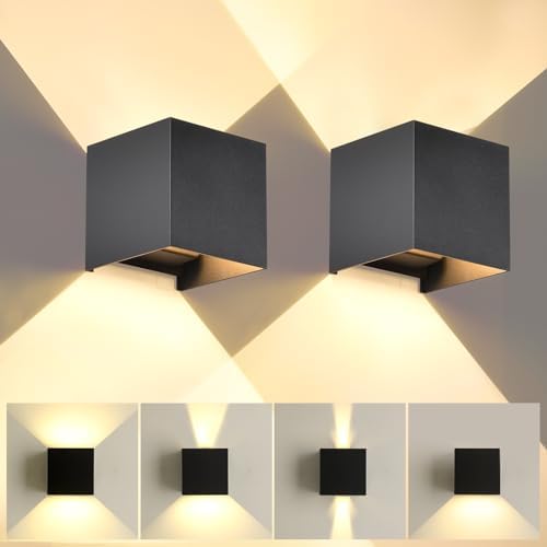Mille Lucciole 4-Pack Modern Black LED Outdoor Wall Sconces - 12W, 3000K Warm Light, IP65 Waterproof, Adjustable Up/Down Light