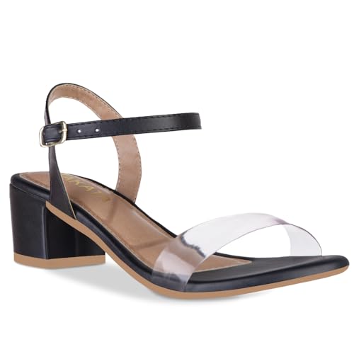 Sandália Feminina Salto Baixo Bloco Fivela Moda Confortável Básica Casual Tiras Vinil Transparente (