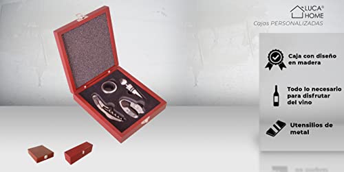 LucaHome - Set de accesorios sommelier con caja de madera para vino - Incluye sacacorchos, corta capsulas, tapón y anillo de goteo - Ideal para regalo (Estuche 4 accesorios personalizado) - imagen 2