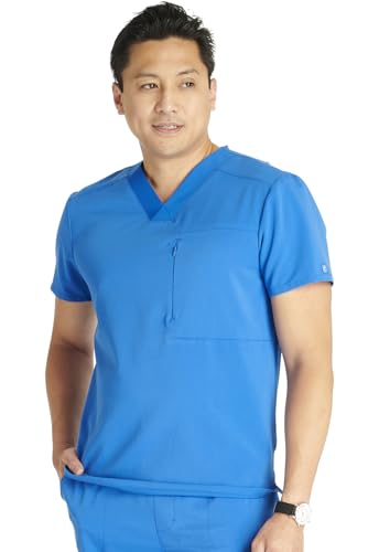 Cherokee Men's V-Neck Scrub Top with Front Neckline, Yoke Seams, and Zip Pocket CK718A, M, Royal