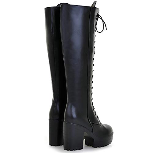 Image of Parisuit Women's Knee High Goth Platform Boots Lace Up Combat Boots | Chunky High Heel, Buckle Boots, Punk Chain Boots