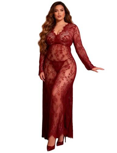 comeondear Femme Nuisette Sexy Longue Col V Grande Taille Robe De Nuit à Manches Longues Blanche Dentelle Transparent Robe Maternité String (Rouge,M/L)