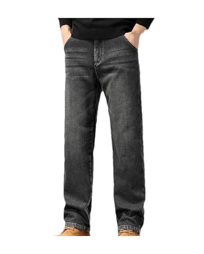 Men Winter Fleece Jeans Classic Loose Straight Warm Thicken Trousers Business Elastic Denim Pants