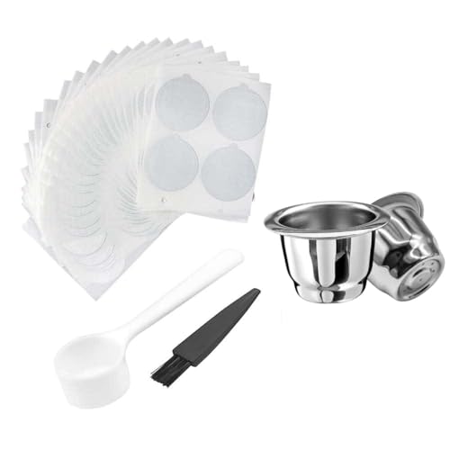 MTROYALDIA Refillable Coffee Capsules Cup Stainless Steel Reusable Coffee Pods 100Pcs Foil Film Cover Compatible with Nespresso Machines (1 Cups + 100 Lids)