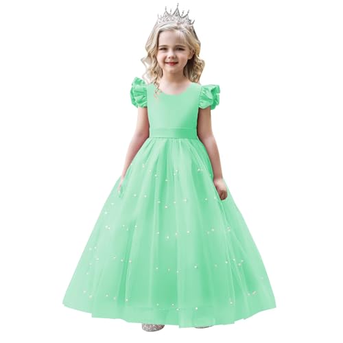 Girl Formal V-Back Satin Flower Girl Dress Girls Dresses for Wedding Flying Sleeve Pearls Tulle Girls Prom Ball Gown Princess Dresses Mint Green