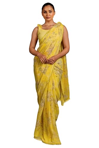 Image of MIRCHI FASHION Saree for Woman Georgette Floral and Leaf Printed | Elegant Farewell and Ceremonial Women's Sari with Blouse Piece