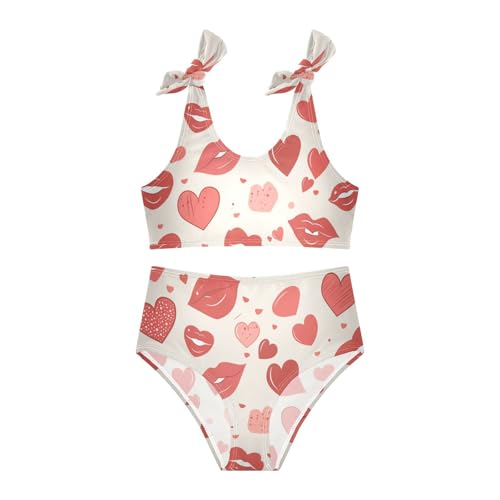 Lips Kiss Heart Pattern Love Girls 2 Piece Bikini Sets Scoop Neck Beach Swimwear Swimsuit3