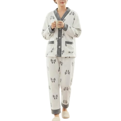 [EnagmourCheripo] パジャマ レディース ルームウェア - 2点セット もこもこ リボン フランネル 長袖 吸汗通気 柔らかい 部屋着 肌に優しい 可愛い シンプル ゆったり 前開き 厚手 寒さ対策 睡眠用 秋冬 軽量