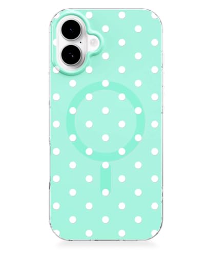 Feams for iPhone 16 Case [Compatible with Magsafe] Slim Shockproof Protective TPU Phone Cover for iPhone 16 6.1" Women Girls, Mint Green White Polka Dot