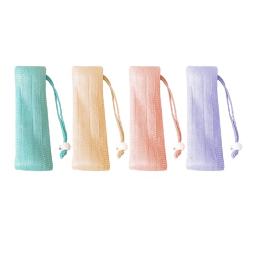 CTFRQC 4Pcs Thickened Exfoliating Mesh Soap Pouch Mesh Soap Saver Bag Bubble Foam Net for Body Facial Cleaning Tool ?Blue, Beige, Pink, Purple)