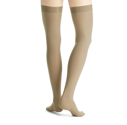 Image of Women's Ultrasheer 20-30 mmHg Thigh High Firm Support Sock with Silicone Dot Top Band Size: Large, Color: Natural
