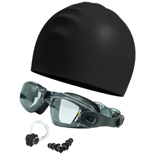 LJNYIE Adult Swim Swimming Goggles Glasses Gear for Womens Mens Youth Goggles Swim Swimming Adult with Nose Cover Caps Ear Plugs Anti Fog Black