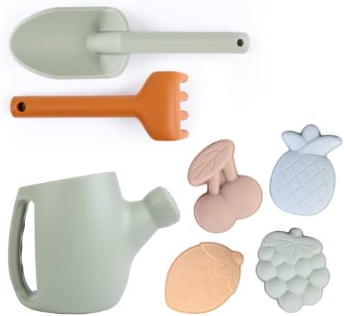 BLUE GINKGO Toddler Gardening Tools - Silicone Beach Toys, Garden Toys for Toddlers | Kids Shovel and Rake Set, Watering Can, Sand Molds | Outdoor Baby Gardening Set (Green)