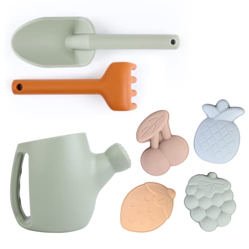 BLUE GINKGO Toddler Gardening Tools - Silicone Beach Toys, Garden Toys for Toddlers | Kids Shovel and Rake Set, Watering Can, Sand Molds | Outdoor Baby Gardening Set (Green)