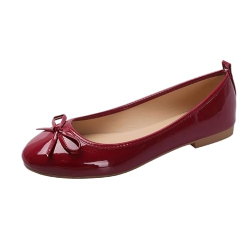 Loafers for Women Classic Red Patent Leather Ballet Flats for Women with Bowknot Design Casual Comfort Shoes