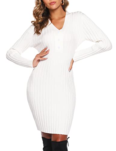 Wayleb Strickkleid Damen Winter Herbst Knitted Dress Kleider Pulloverkleid Sexy Kleid Damen Elegant V Ausschnitt Langarm Winterkleid