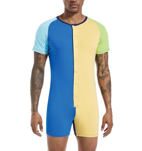 Mens Short Sleeve Henley Jumpsuit One Piece Pajamas Rompers