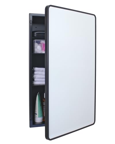 16x26 Austin Farmhouse Metal Framed Rounded Rectangle Recessed Bathroom Medicine Cabinet, Beveled...