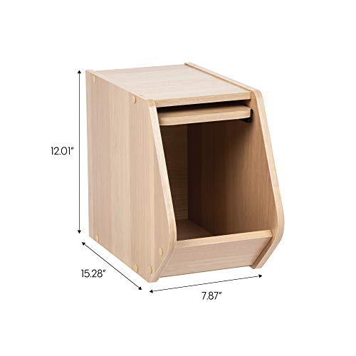Image of IRIS USA Modular Wood Stackable Storage Box with Sliding Door, Narrow, Light Brown