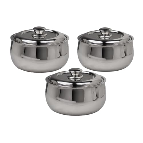 Image of Mumma's LIFE Double Wall Belly Casserole Set of 3 (1000ml, 1800ml & 2200ml) | Stainless Steel Solid Casserole with Steel Lid | Insulated, Lightweight & Durable Serving Bowl