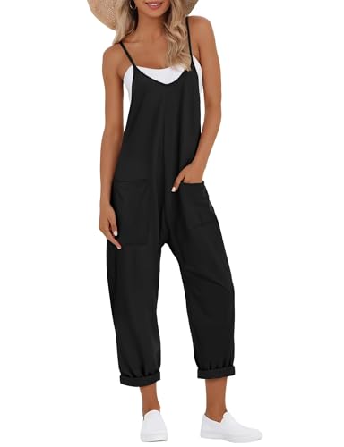 Buauty Jumpsuits for Women Casual V Neck Sleeveless Baggy Overalls Spaghetti Strap Jumpers with Pockets Summer Romper Clothes