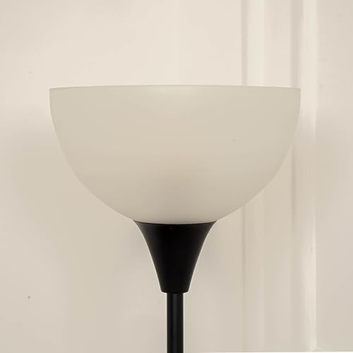 Image of Divine Trends Uplighter Black Polished Floor Lamp for Living Room with Frosted Glass Lampshade | Includes LED Warm Bulb | Hidden Wire Design | Uplight Corner Standing Lamp for Home | Pack of 1