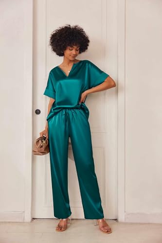 Image of Ekouaer Satin Pajama Set Womens Silk Short Sleeve V Neck Shirt with Long Pant Soft Loungewear Pjs Set